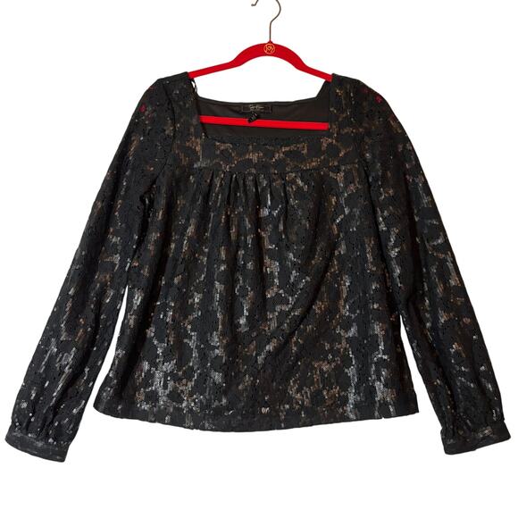 Jessica Simpson Tops - Jessica Simpson Womens Black Sequin Lace Square-Neck Blouse Top Sz M
